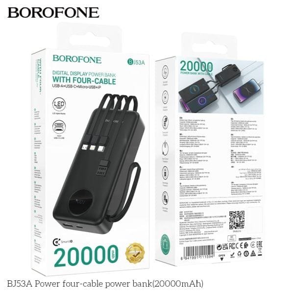 BOROFONE BJ53A Power Bank | 20000mAh | Built-In Four Cables – Black