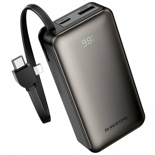 Borofone BJ77 10,000mAh Power Bank | 22.5W PD Fast Charging | Dual Built-in Cables – Charge 3 Devices Simultaneously – Black