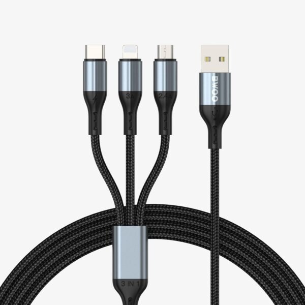 BWOO BO-X274 3-in-1 Fast Charging Data Cable – 1.2M Nylon Braided – Black