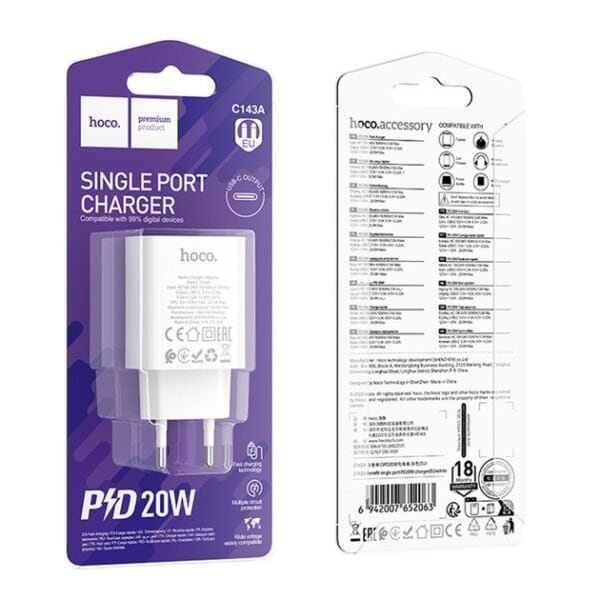 Hoco C143A Benefit PD20W USB-C Fast Charger White EU Plug