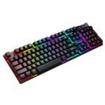 Close-up of T-Wolf T20 gaming keyboard keys showing vibrant rainbow backlighting