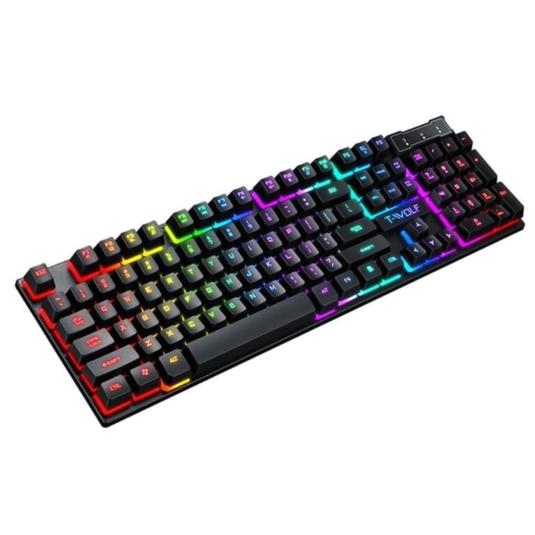 Close-up of T-Wolf T20 gaming keyboard keys showing vibrant rainbow backlighting