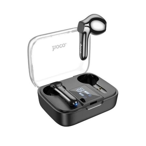 Black HOCO DES07 TWS wireless headset earbuds in their charging case, displayed in South Africa.