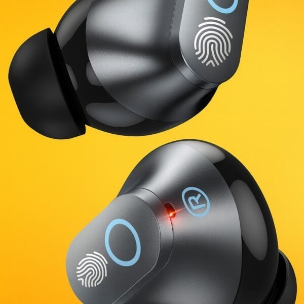 Hoco DES41 Cool Magic Black wireless TWS earbuds and charging case with colorful LED lights illuminated.