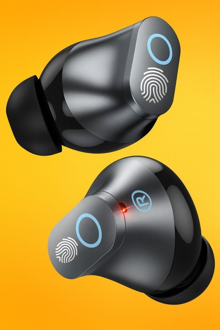 Hoco DES41 Cool Magic Black wireless TWS earbuds and charging case with colorful LED lights illuminated.
